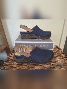 Dansko Merrin Blue and Tan Suede Boho Slingback Mule Clog, Size 7.5-8 (38)